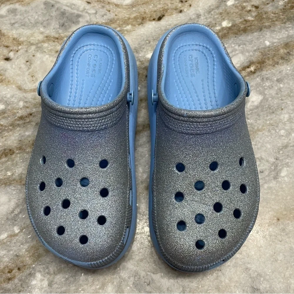 Crocs Kids' Cutie Crush Glitter Clog Shoes Girls Youth Size J3 blue ocean